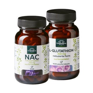 2er-Sparset: Glutathion - reduziertes L-Glutathion aus natürlicher Fermentation - 300 mg pro Tagesdosis (1 Kapsel) - 60 Kapseln & NAC - 250 mg pro Tagesdosis (1 Kapsel) - N-Acetyl-Cystein aus natürlicher Fermentation - 90 Kapseln