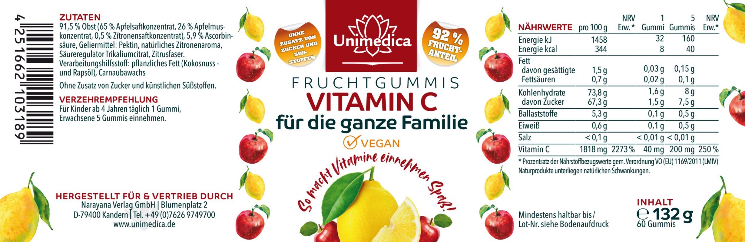 2er-Sparset: Vitamin C Fruchtgummis für die ganze Familie - 2 x 60 Gummis - von Unimedica
