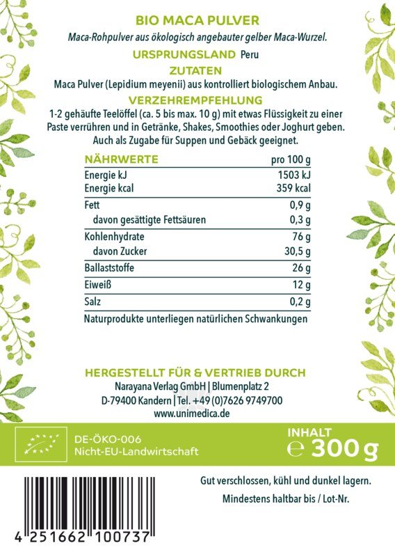 Bio Maca Pulver - Rohpulver - 300 g - von Unimedica