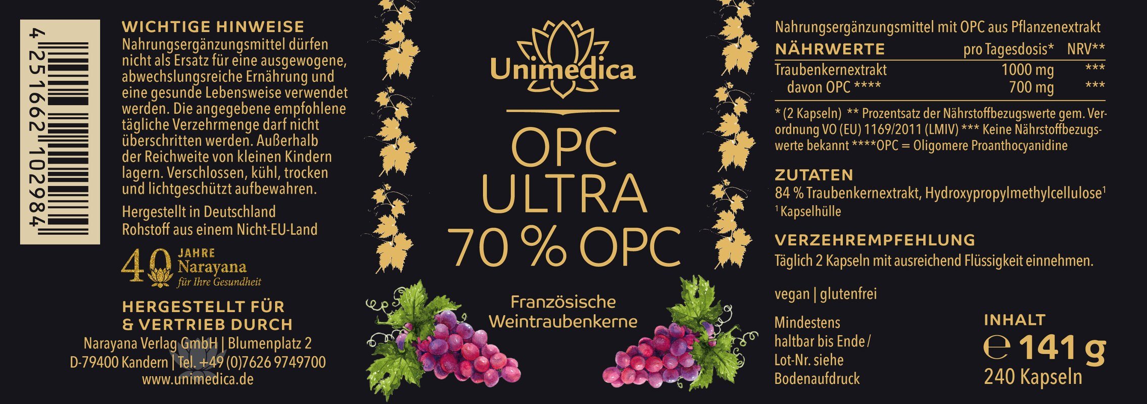 OPC Ultra - mit 700 mg reinem OPC pro Tagesdosis (2 Kapseln) - hochdosiert - 240 Kapseln - von Unimedica