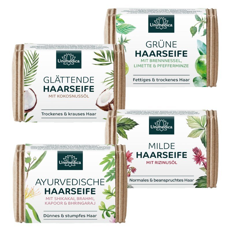 Set: Shampoo Soaps - ayurvedic, castor oil, coconut oil, green - 4 x 100 g - by Unimedica