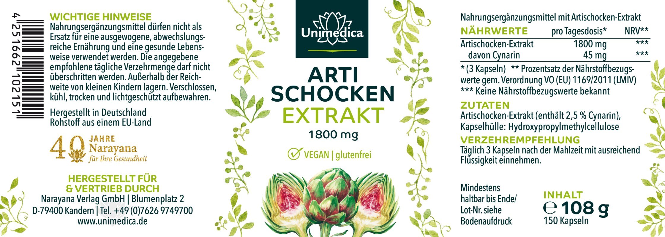 Artichoke extract - 1,800 mg per daily dose - 2 x 150 capsules - by Unimedica