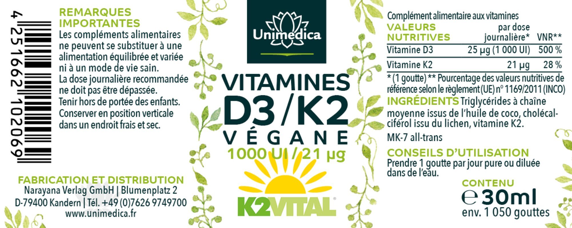 Veganes Vitamin D3 / K2 mit D3 aus Flechten mit K2Vital von Kappa - D3 1.000 I.E. 25 µg / K2 21 µg (1 Tropfen) pro Tagesdosis- 30 ml - von Unimedica