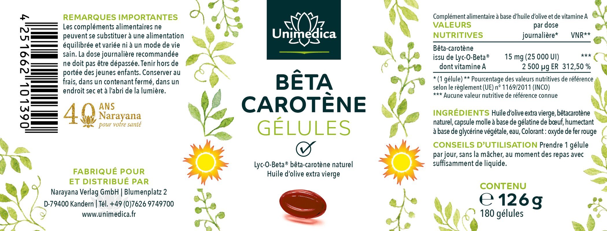 Beta Carotin - aus Lyc-O-Beta® - 15 mg - 25.000 IE pro Tagesdosis (1 Kapsel) - 180 Softgelkapseln - von Unimedica