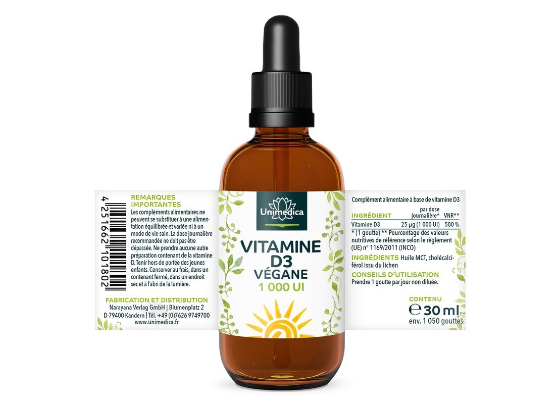 Veganes Vitamin D3 - aus Flechten - 1.000 I.E./25 µg pro Tagesdosis - 30 ml - von Unimedica
