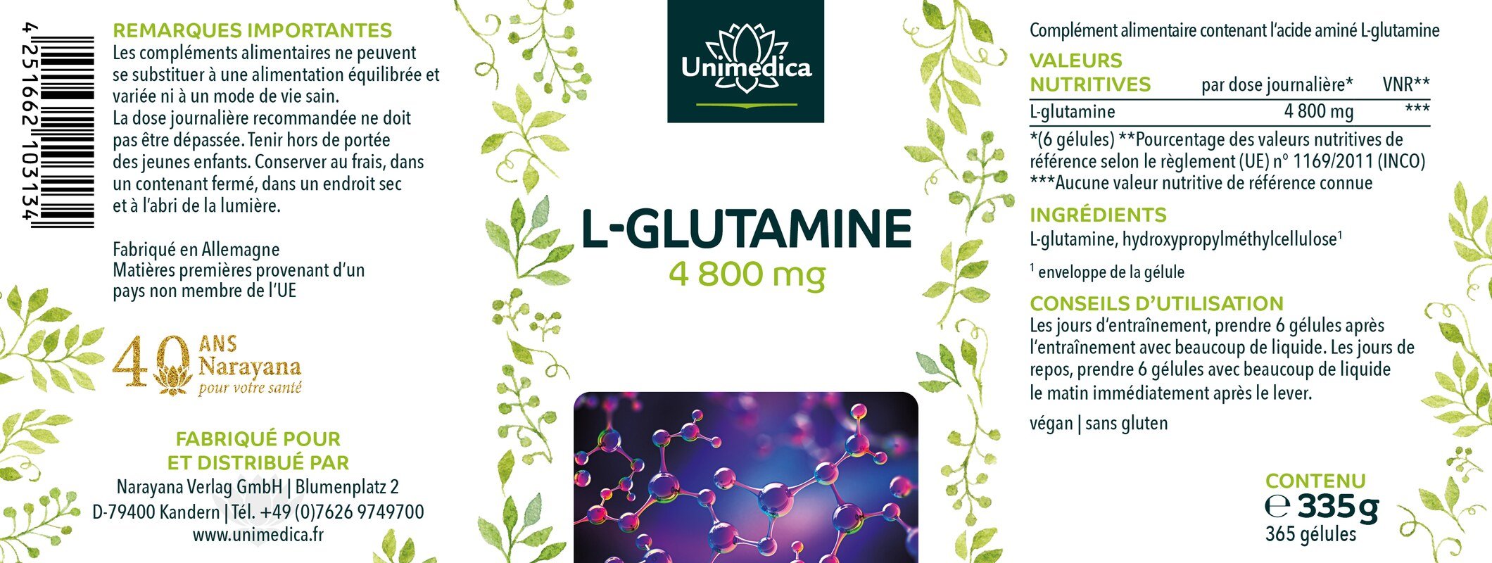Glutamin - hochdosiert aus Fermentation - 4.800 mg L-Glutamin pro Tagesdosis (6 Kapseln) - 365 Kapseln - von Unimedica