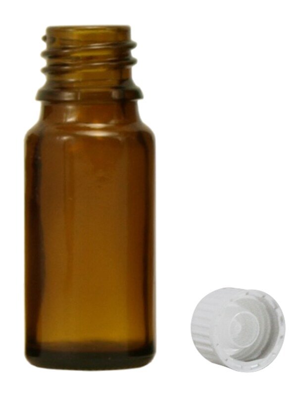 Brown glass bottles, 20 ml, with pellet dispenser and white cap