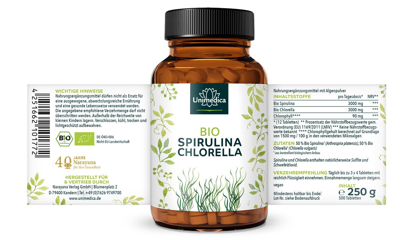 Bio Spirulina und Bio Chlorella - jeweils 3.000 mg pro Tagesdosis (3 x 4 Tabletten) - im Verhältnis 1:1 - 500 Tabletten - von Unimedica