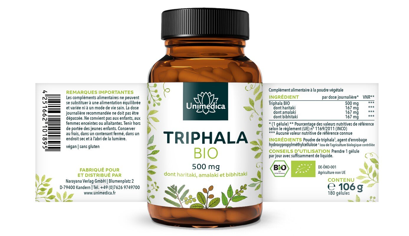 Bio Triphala - 500 mg pro Tagesdosis (1 Kapsel) - 180 Kapseln - von Unimedica