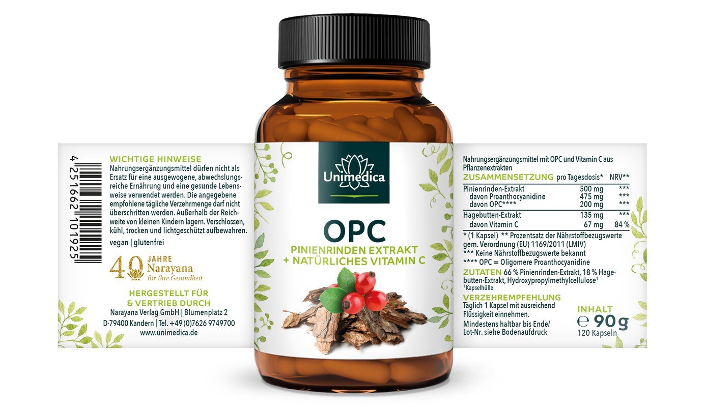 OPC Pinienrinden Extrakt + Vitamin C - 500 mg Pinienrinden-Extrakt pro Tagesdosis (1 Kapsel) - davon 200 mg OPC - 120 Kapseln - von Unimedica