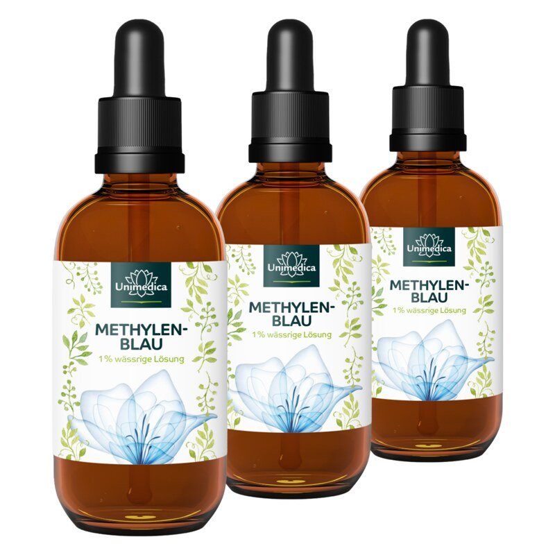 Set: Methylene Blue  1 % aqueous solution  99.8 % pure  free of heavy metals  3 x 100 ml  from Unimedica