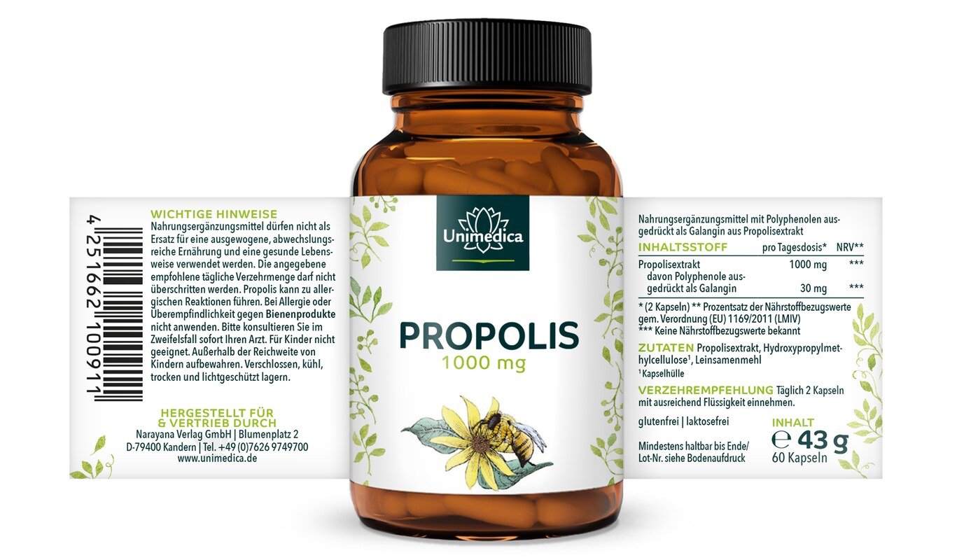 2er-Sparset: Propolis Kapseln - 1000 mg Polyphenole pro Tagesdosis (2 Kapseln) - 2 x 60 Kapseln - von Unimedica
