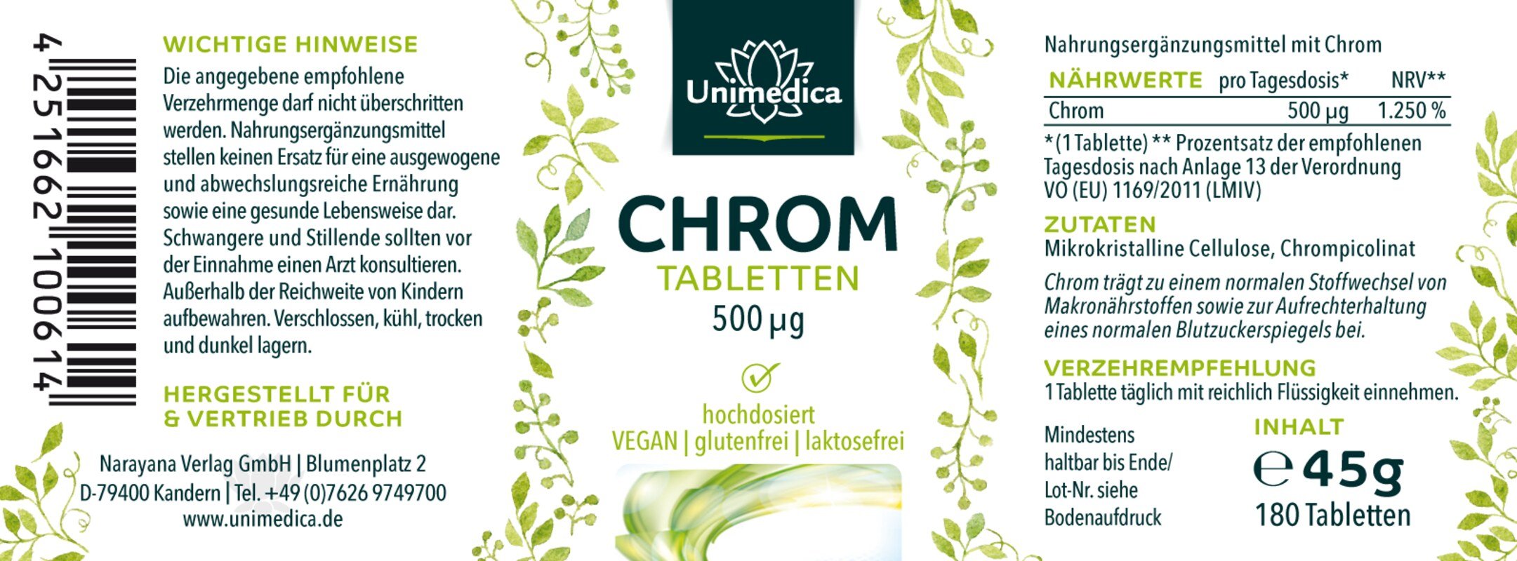 Chromium - 500 µg per daily dose (1 tablet) - 180 tablets - from Unimedica