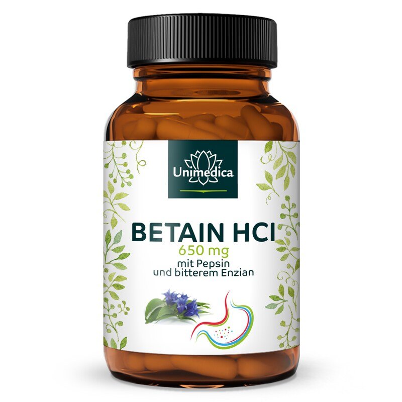 Betain HCl - 650 mg pro Tagesdosis (1 Kapsel) - mit Pepsin und bitterem Enzian - 120 Kapseln - von Unimedica