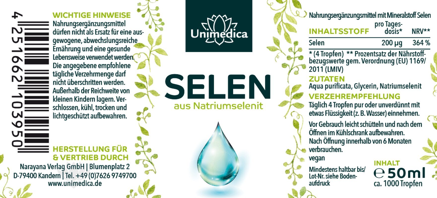 Selen Tropfen - 200 µg pro Tagesdosis hochdosiert (4 Tropfen) - aus Natriumselenit - 50 ml - von Unimedica