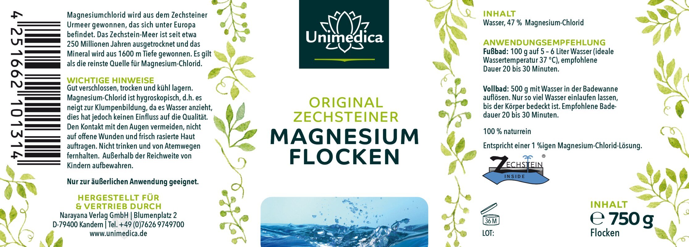 Magnesiumflocken Original Zechsteiner - 100 % naturrein - 750 g - von Unimedica