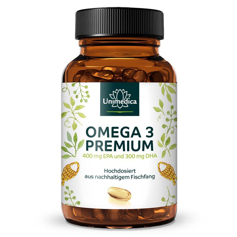 Omega 3 - Premium fish oil with 400 mg EPA and 300 mg DHA - high dosage - from sustainable fishing - 1,000 mg per daily dose (1 capsule) - 120 softgel capsules - from Unimedica