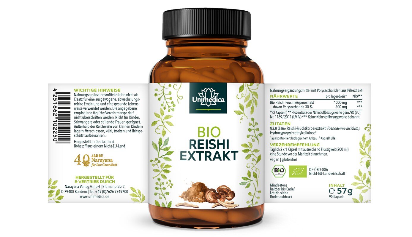 Bio Reishi Extrakt - 1.000 mg pro Tagesdosis (2 Kapseln) - Extrakt mit 30 % Polysacchariden - aus Wasserextraktion - 90 Kapseln - von Unimedica