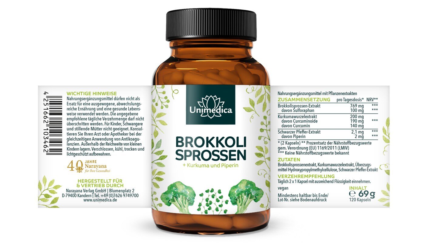 Brokkoli Sprossen Extrakt - 100 mg Sulforaphan pro Tagesdosis (2 Kapseln) - 120 Kapseln - von Unimedica