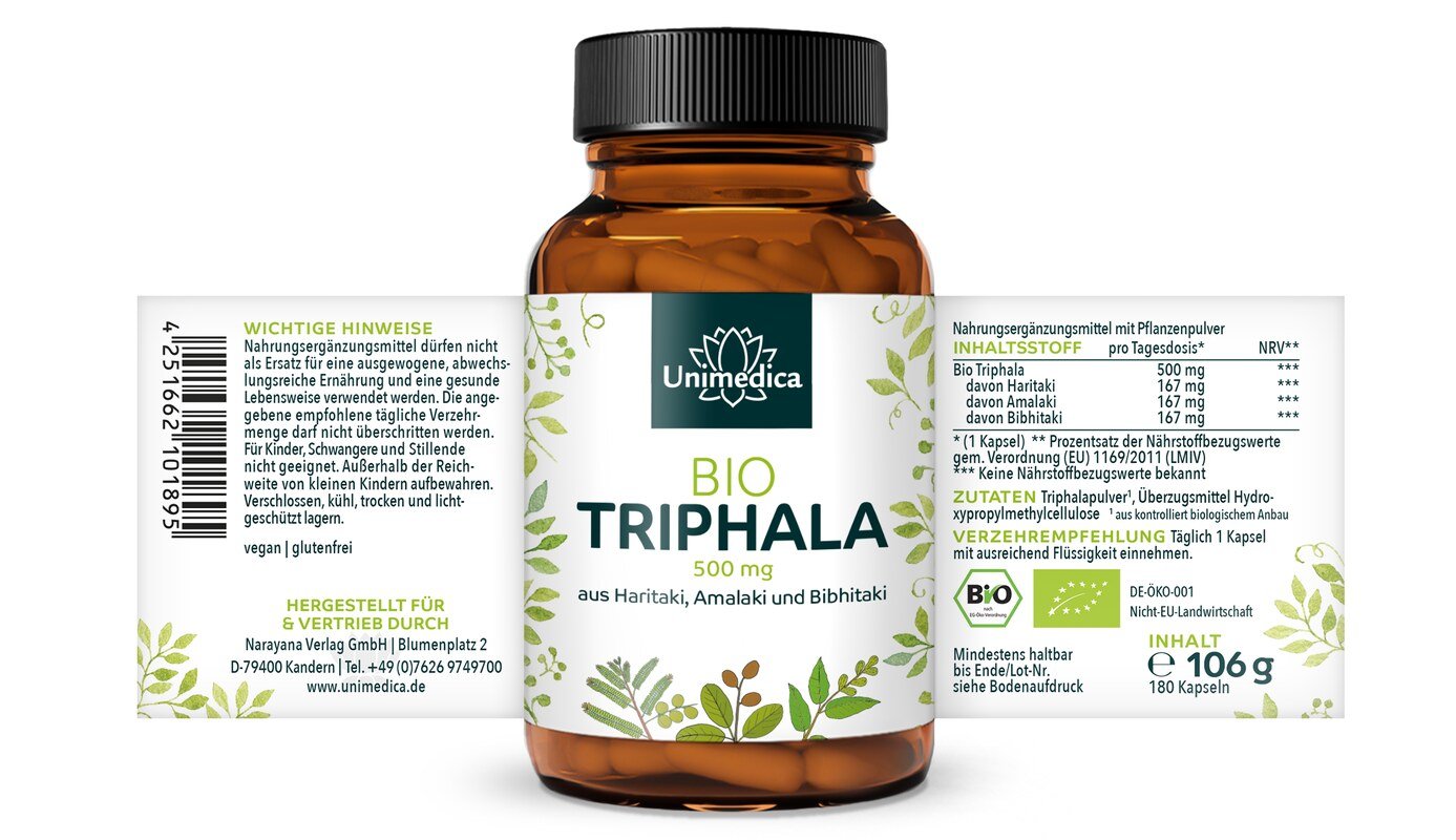 Bio Triphala - 500 mg pro Tagesdosis (1 Kapsel) - 180 Kapseln - von Unimedica