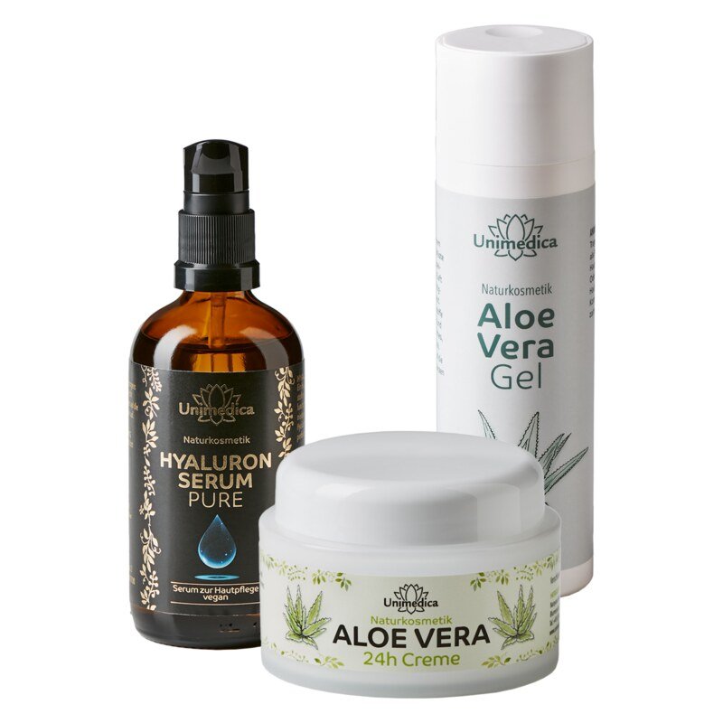 Sparset: Aloe Vera Gel + Aloe Vera Creme + Hyaluron Serum Pure - 200 ml + 50 ml + 100 ml - von Unimedica