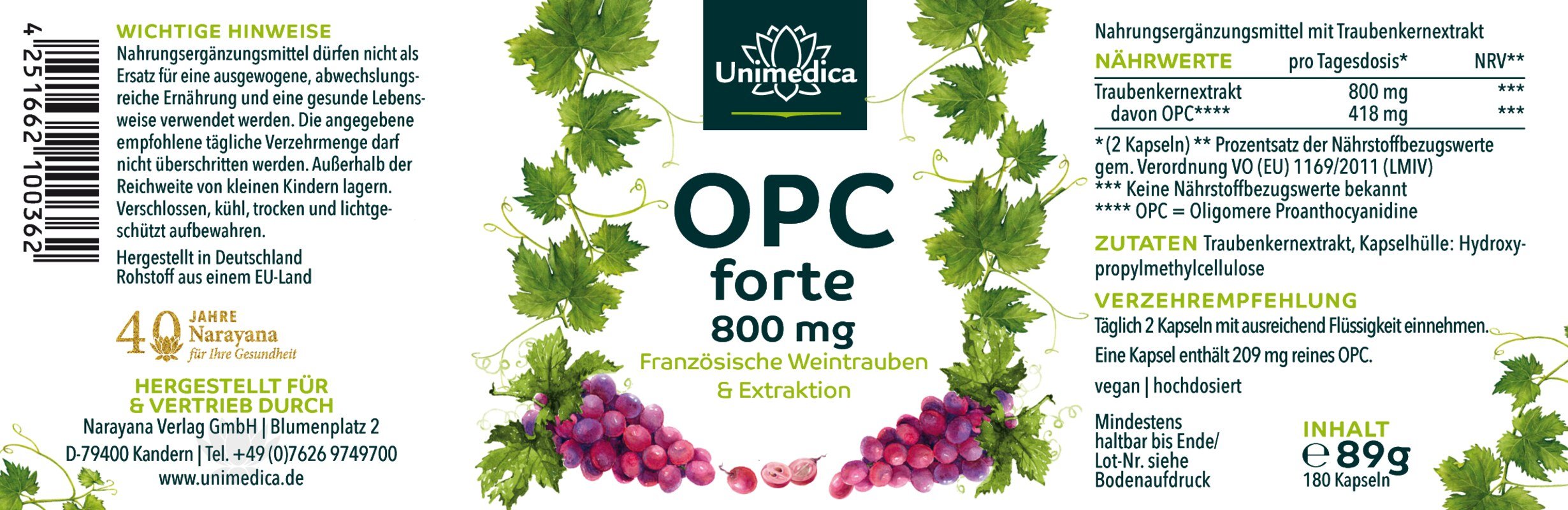Set: OPC Forte - 800 mg grape seed extract - 180 capsules AND Magnesium forte - 400 mg - 365 capsules AND Vitamin D3 / K2 MK7 All-trans 50 ml - by Unimedica