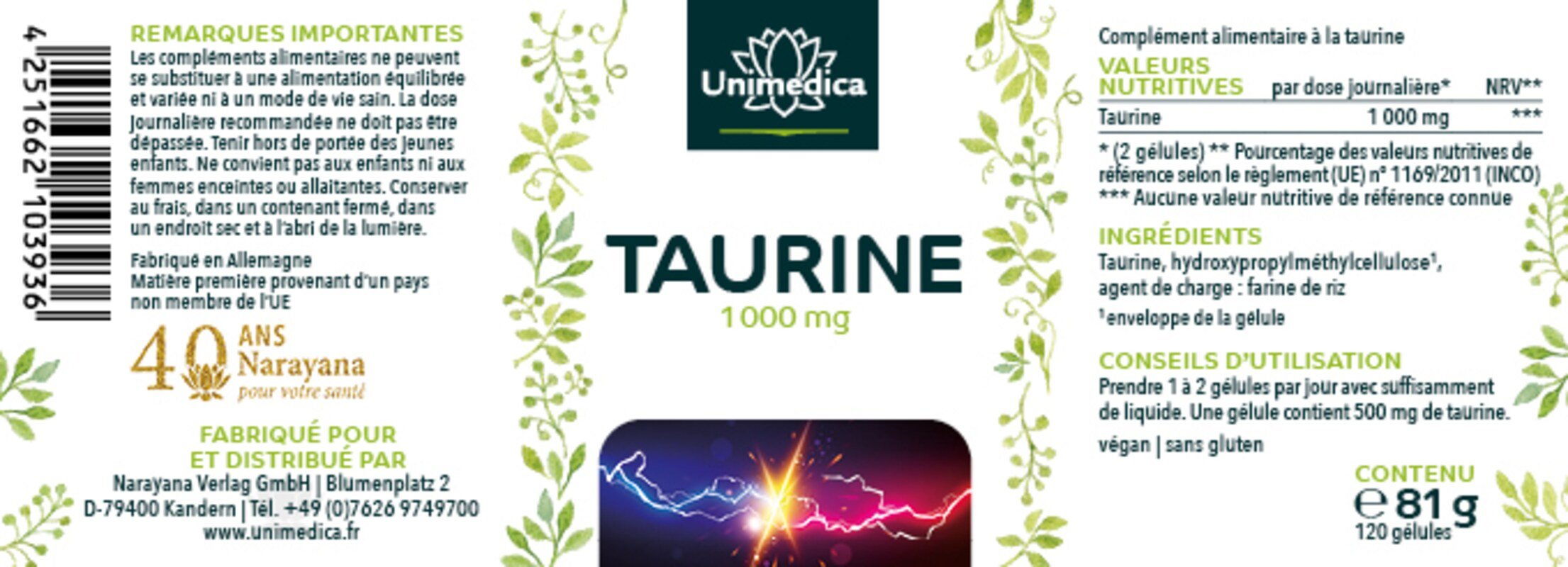 Taurin - 1000 mg pro Tagesdosis (2 Kapseln) - 120 Kapseln - Taurine - von Unimedica
