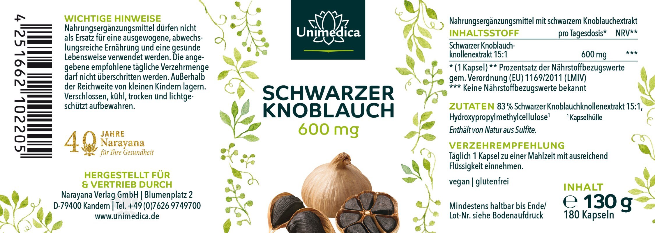 Schwarzer Knoblauch - 600 mg pro Tagesdosis (1 Kapsel) - fermentiert und geruchlos - 180 Kapseln - von Unimedica