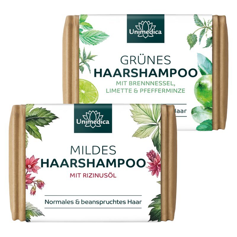 Set: Mild Shampoo with castor oil + Green Shampoo with nettle, lime and peppermint - 2 x 100 g - by Unimedica
