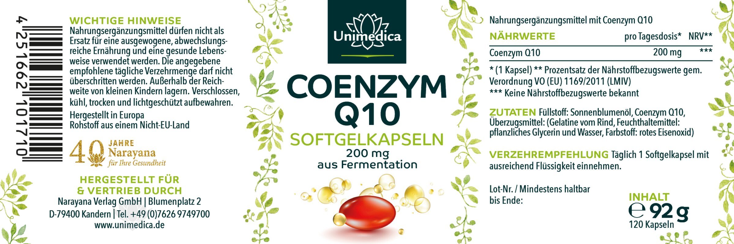 Coenzym Q10 - 200 mg pro Tagesdosis (1 Kapsel) - 120 Softgelkapseln - von Unimedica