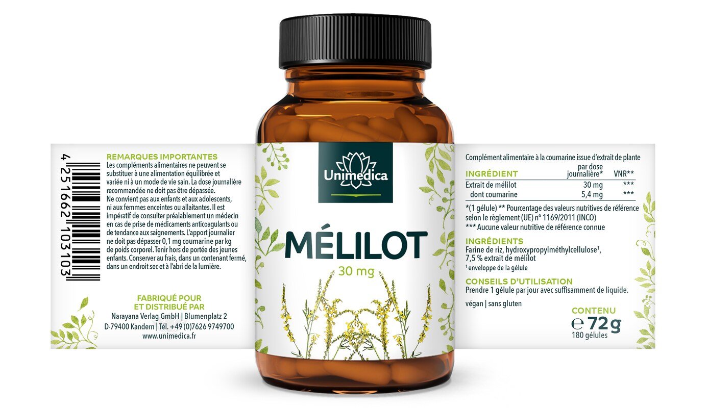 Steinklee Extrakt - 30 mg Tagesdosis (1 Kapsel) - mit 18 % Cumarin - 180 Kapseln - von Unimedica