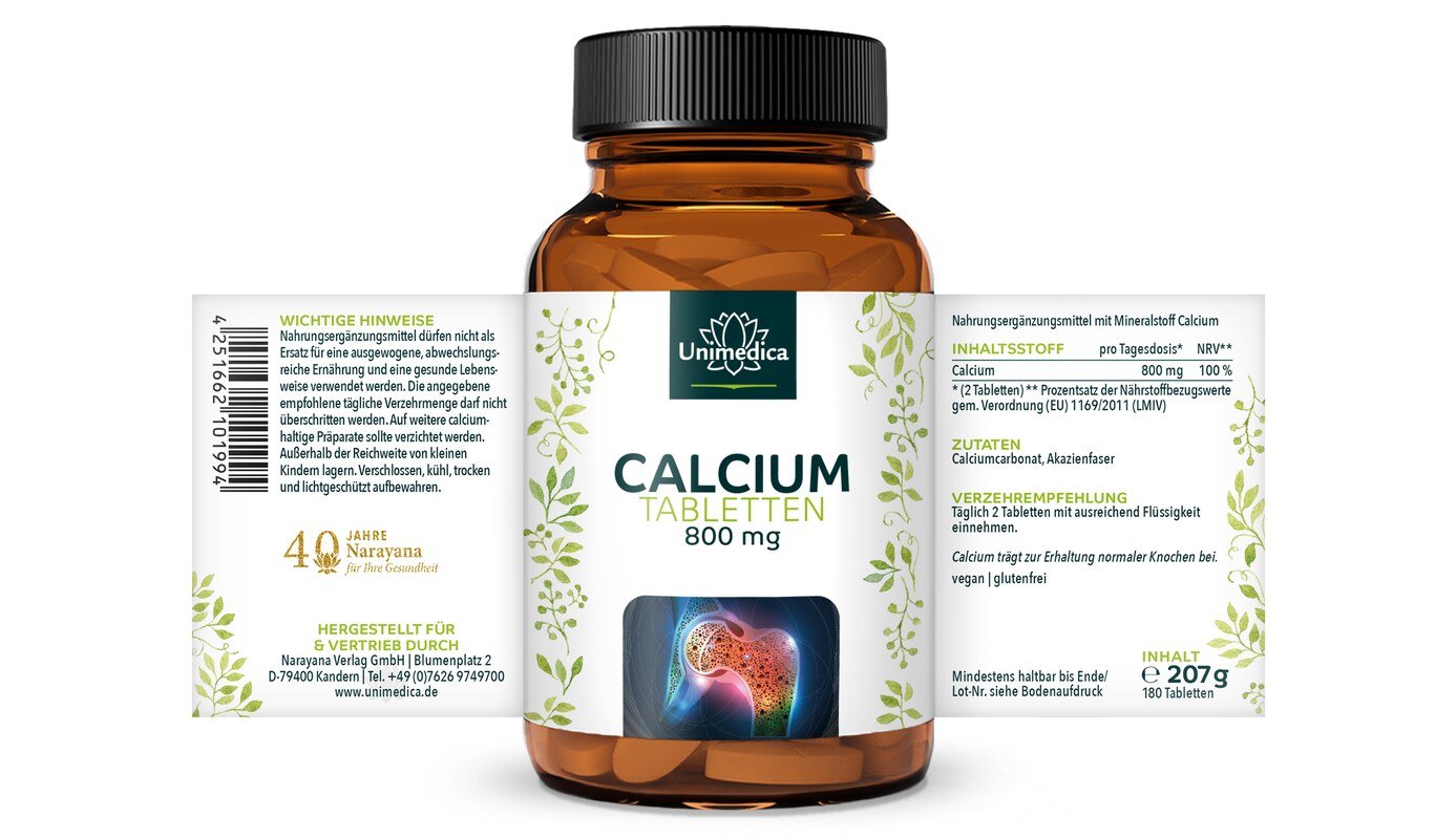 Calcium Tabletten - 800 mg pro Tagesdosis (2 Tabletten) - 180 Tabletten - von Unimedica
