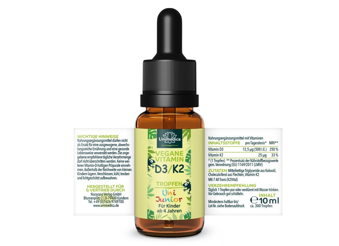 Uni Junior - Vitamin D3 / K2 Tropfen für Kinder mit veganem D3 - 500 I.E. Vitamin D3 und 25 µg Vitamin K2 pro Tagesdosis (1 Tropfen) - 10 ml - von Unimedica