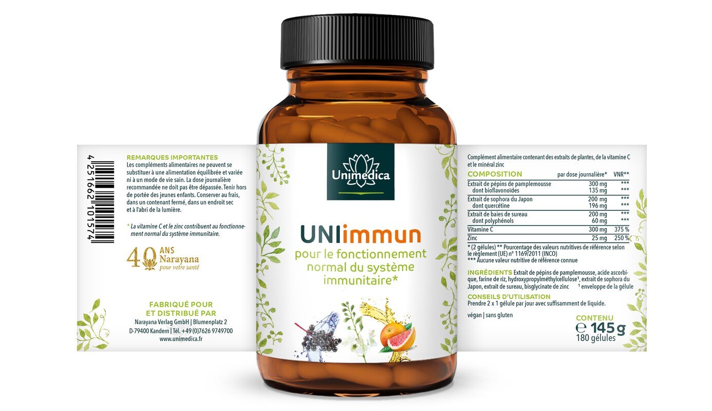 UNIimmun - zur Unterstützung des Immunsystems* - Komplex mit Quercetin, Vitamin C und Zink - 180 Kapseln - von Unimedica