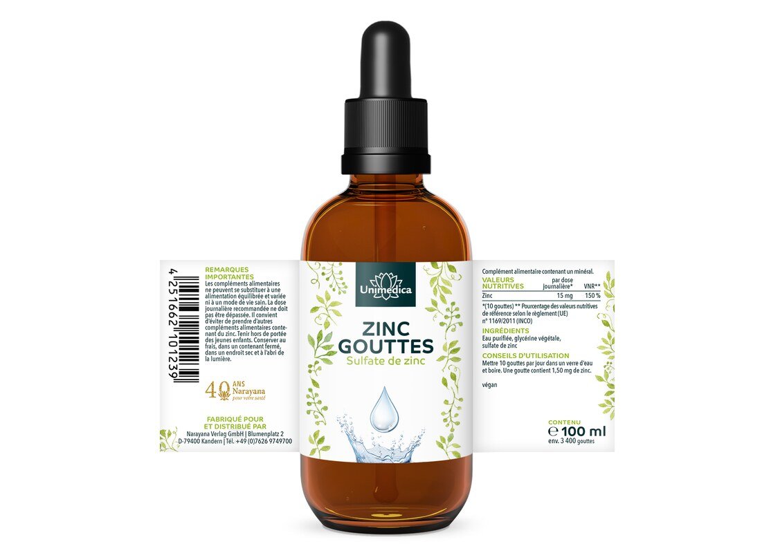 Zink Tropfen aus Zinksulfat - 15 mg pro Tagesdosis (10 Tropfen) - 100 ml - von Unimedica