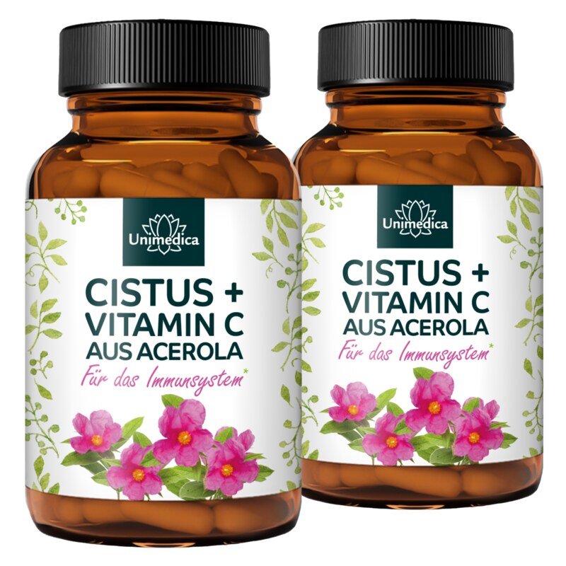 Set: Cistus Herb plus natural Vitamin C from Acerola - with 384 mg cistus extract per capsule - 2 x 90 capsules - from Unimedica