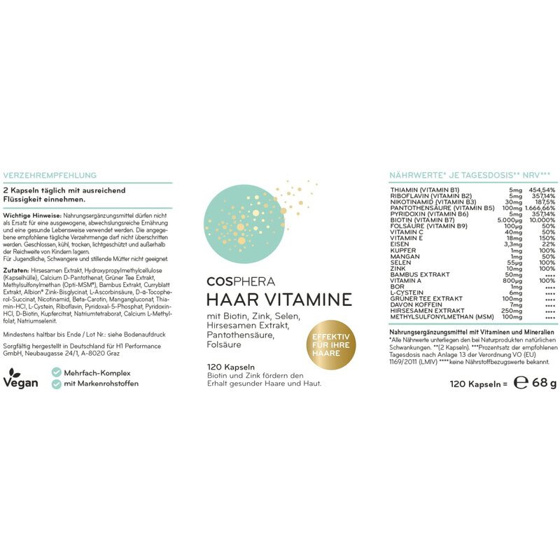 Hair Vitamins from Cosphera - high-dose - 120 vegan capsules