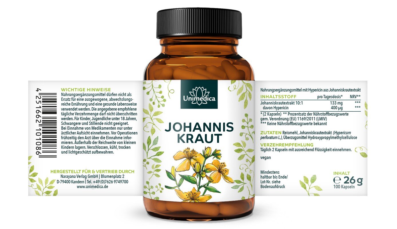 Johanniskraut - Extrakt 10 : 1 Konzentration - 133 mg pro Tagesdosis (2 Kapseln) - 100 Kapseln - von Unimedica