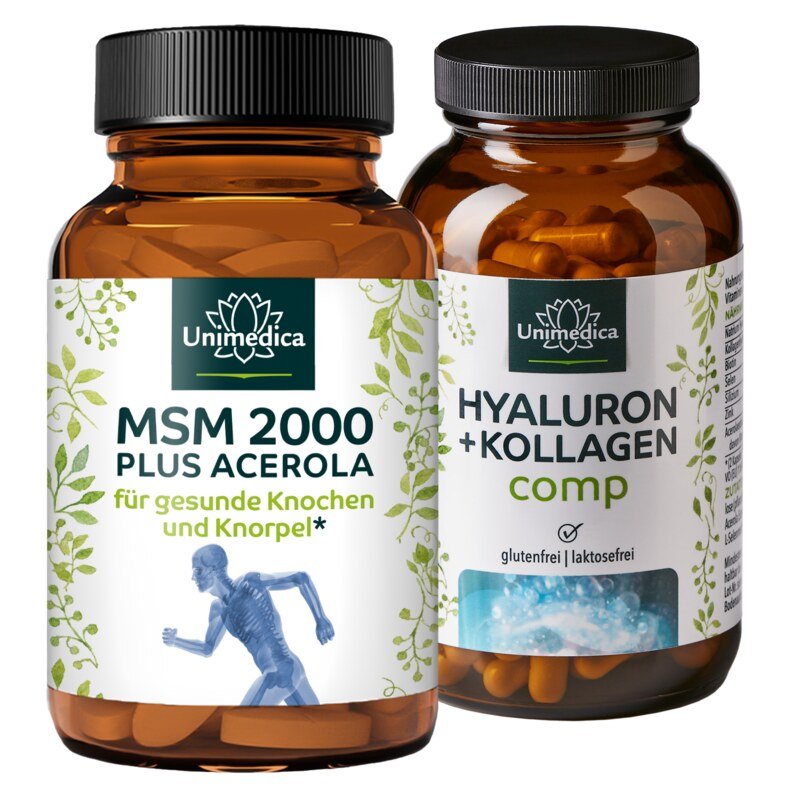Set: MSM plus Acerola 2000 - 365 tablets and hyaluron AND collagen comp - with vitamins and minerals - 180 capsules - by Unimedica