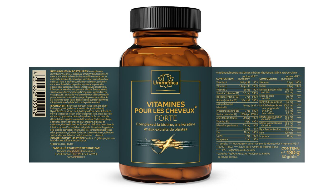 Haarvitamine forte - Komplex mit Biotin, Vitaminen und Keratin - 180 Kapseln - von Unimedica