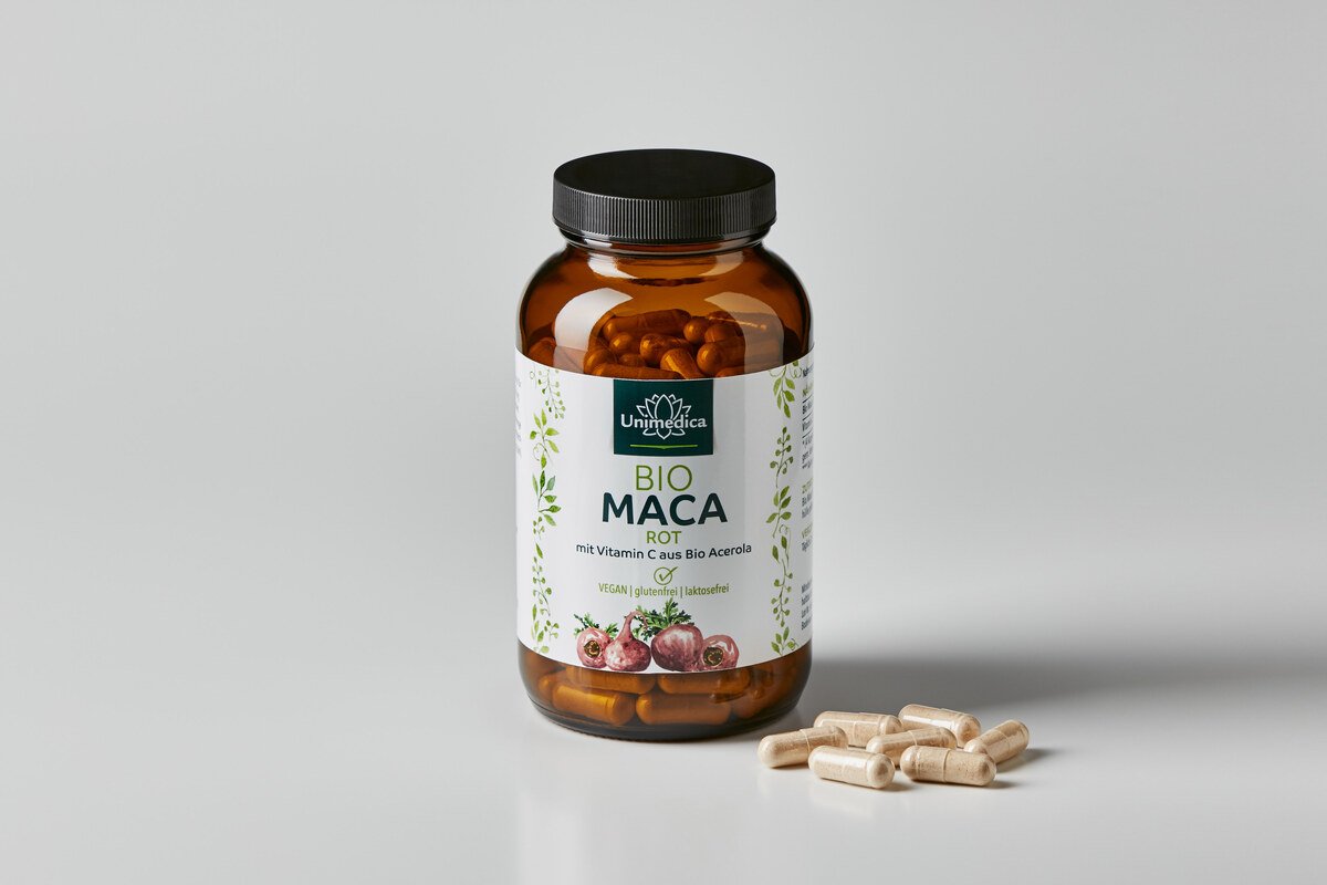 Set: Organic Red Maca - 3000 mg per daily dose - plus Vitamin C from Organic Acerola - 2 x 180 capsules - from Unimedica