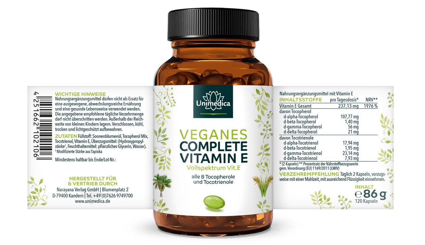 Vitamin E - Veganes Complete mit allen 8 Vitamin E-Formen: 4 Tocopherole und 4 Tocotrienole - 237 mg natürliches Vitamin E pro Tagesdosis (2 Kapseln) - 120 Kapseln - von Unimedica