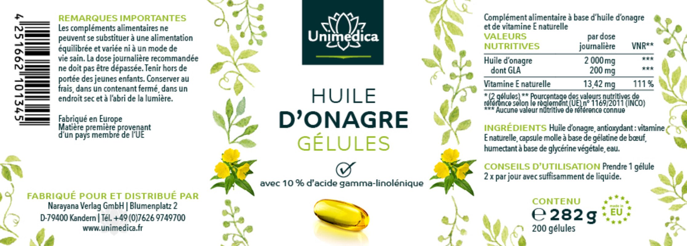 Nachtkerzenöl - 2.000 mg pro Tagesdosis (2 Kapseln) - mit 10 % Gamma-Linolensäure - 200 Softgelkapseln - von Unimedica