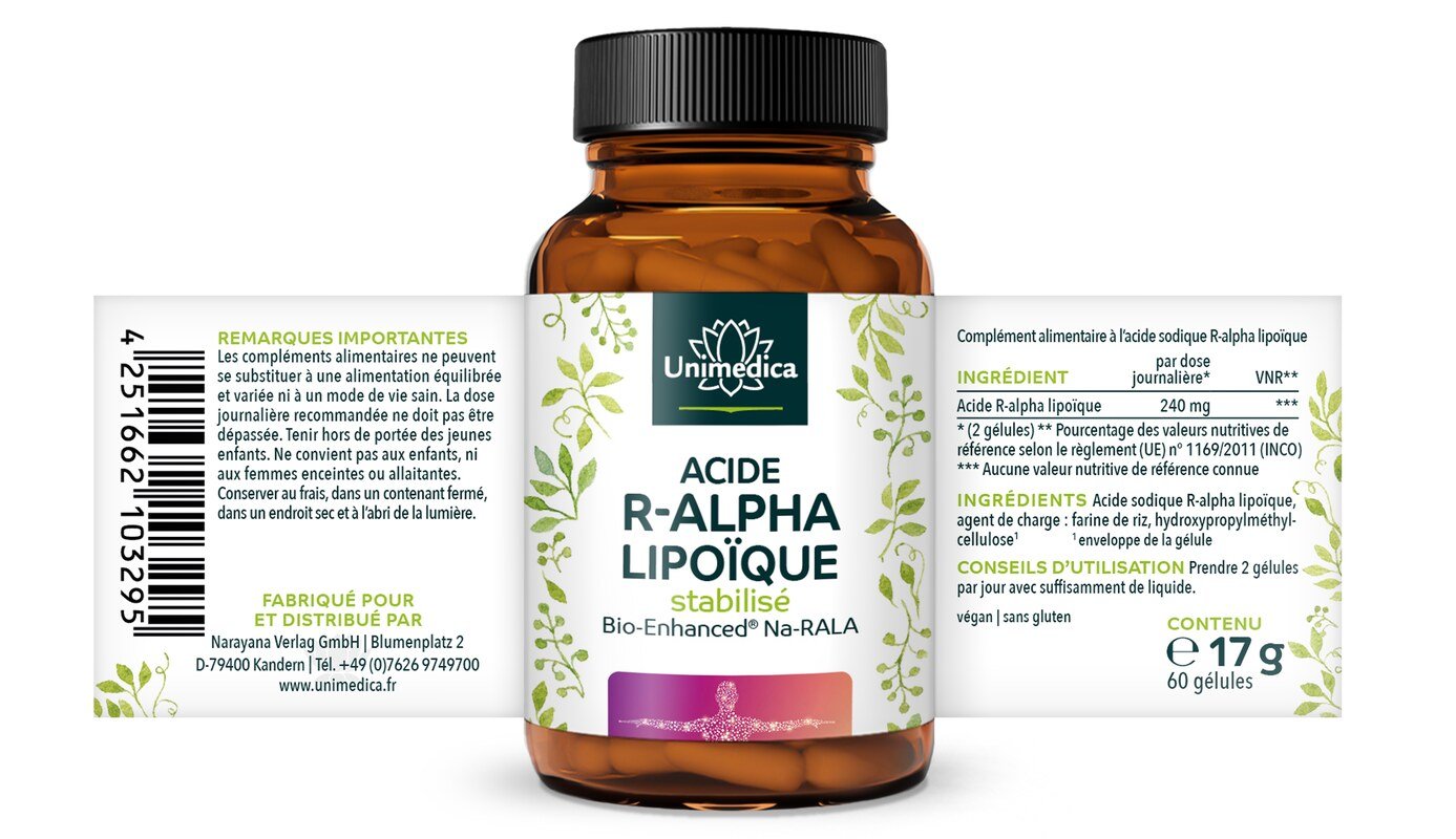 R-Alpha-Liponsäure Sodium - Bio Enhanced®  - 240 mg pro Tagesdosis (2 Kapseln)  - 60 Kapseln - von Unimedica