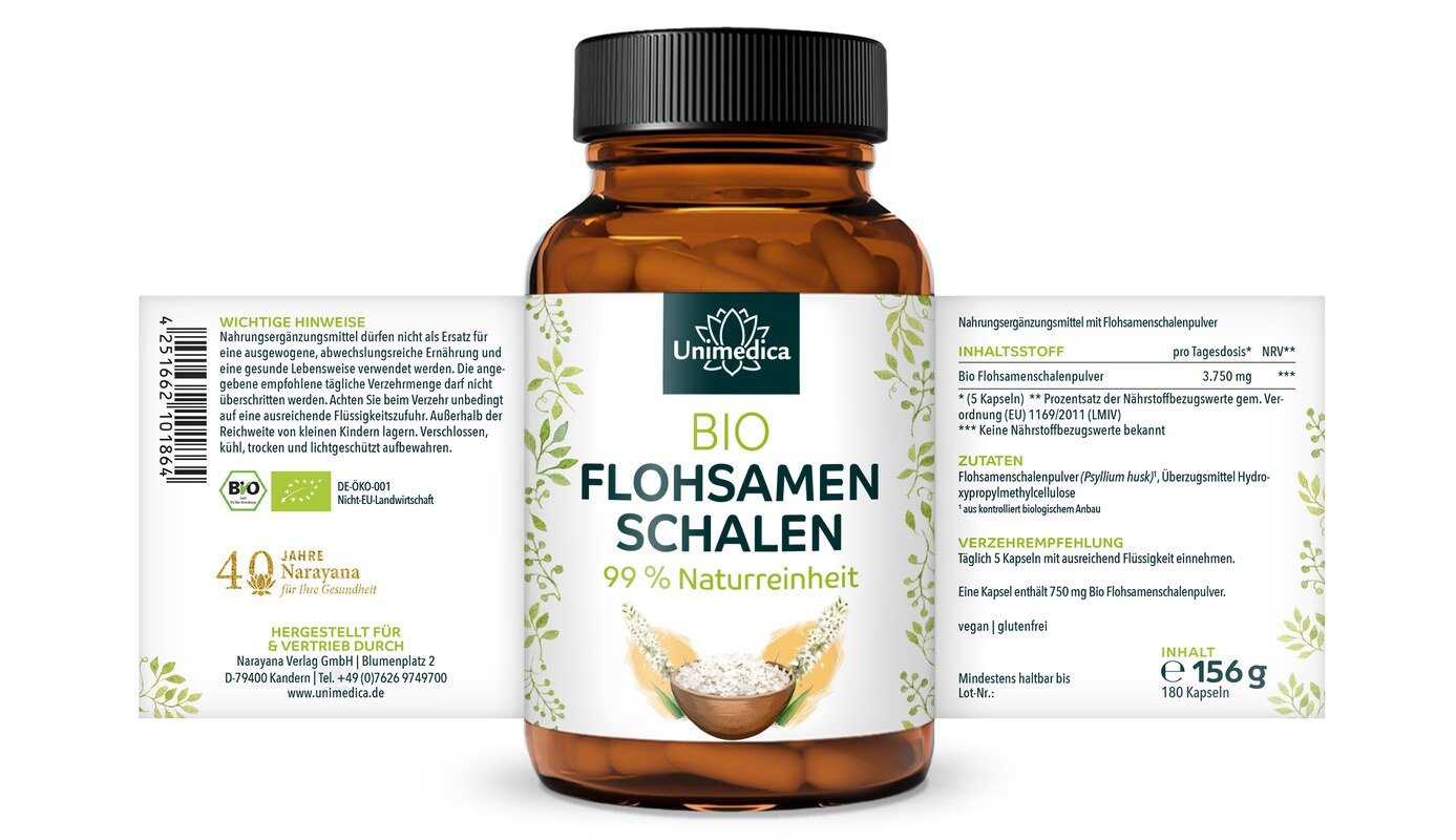 2er-Sparset: Bio Flohsamenschalen  - 3.750 mg pro Tagesdosis (5 Kapseln) - 2 x 180 Kapseln - von Unimedica