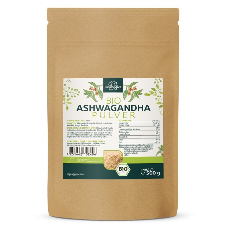 Bio Ashwagandha Pulver - echte indische Schlafbeere - 500 g - von Unimedica