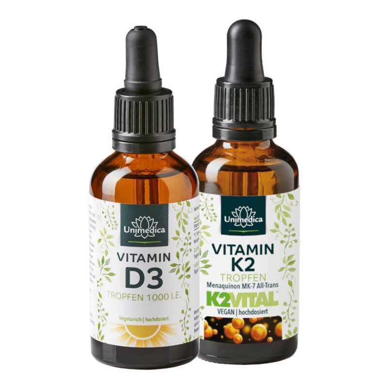 Set: Vitamin D3 Drops - 1000 I.U./25 µg per daily dose - 50 ml - AND Vitamin K2 drops - 200 µg per daily dose - MK7 All-trans - high dose - 50 ml - from Unimedica
