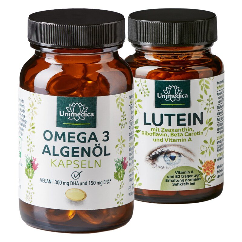 2er-Sparset: Omega 3 Algenöl + Lutein - 90 Softgelkapseln + 90 Kapseln - von Unimedica