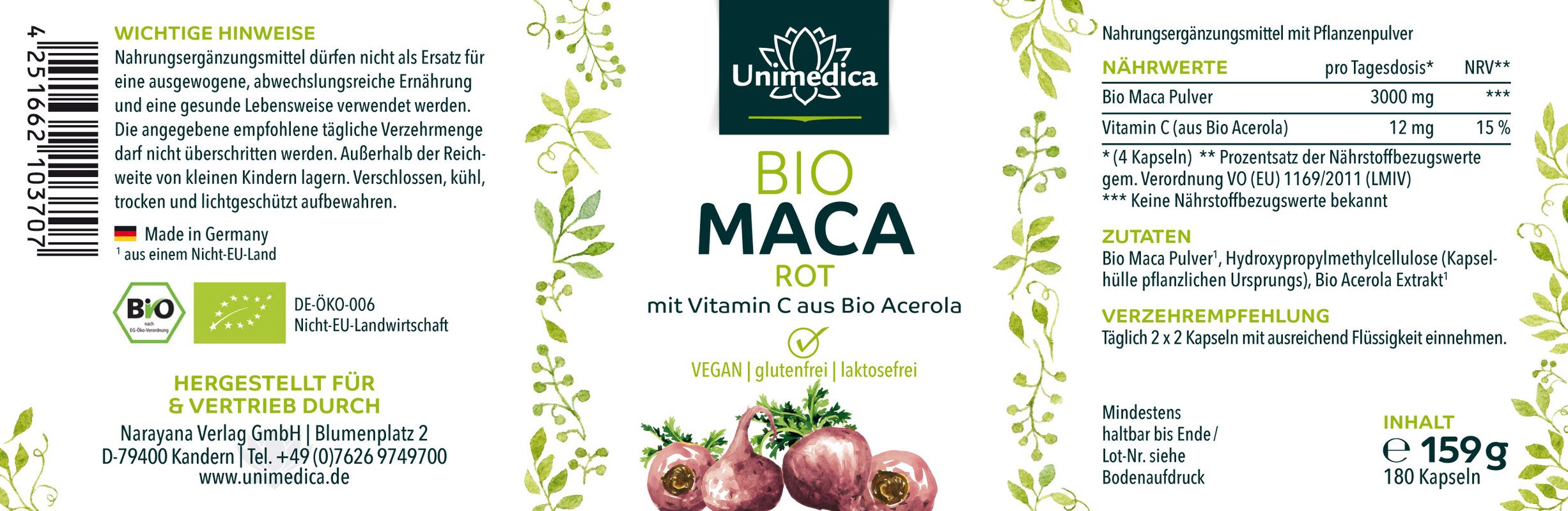 Set: Organic Red Maca - 3000 mg per daily dose - plus Vitamin C from Organic Acerola - 2 x 180 capsules - from Unimedica