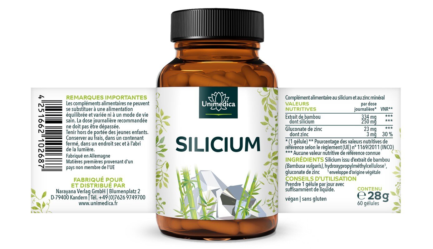 Silizium aus Bambusextrakt mit Zink - 250 mg Silizium pro Tagesdosis (1 Kapsel) - 60 Kapseln - von Unimedica